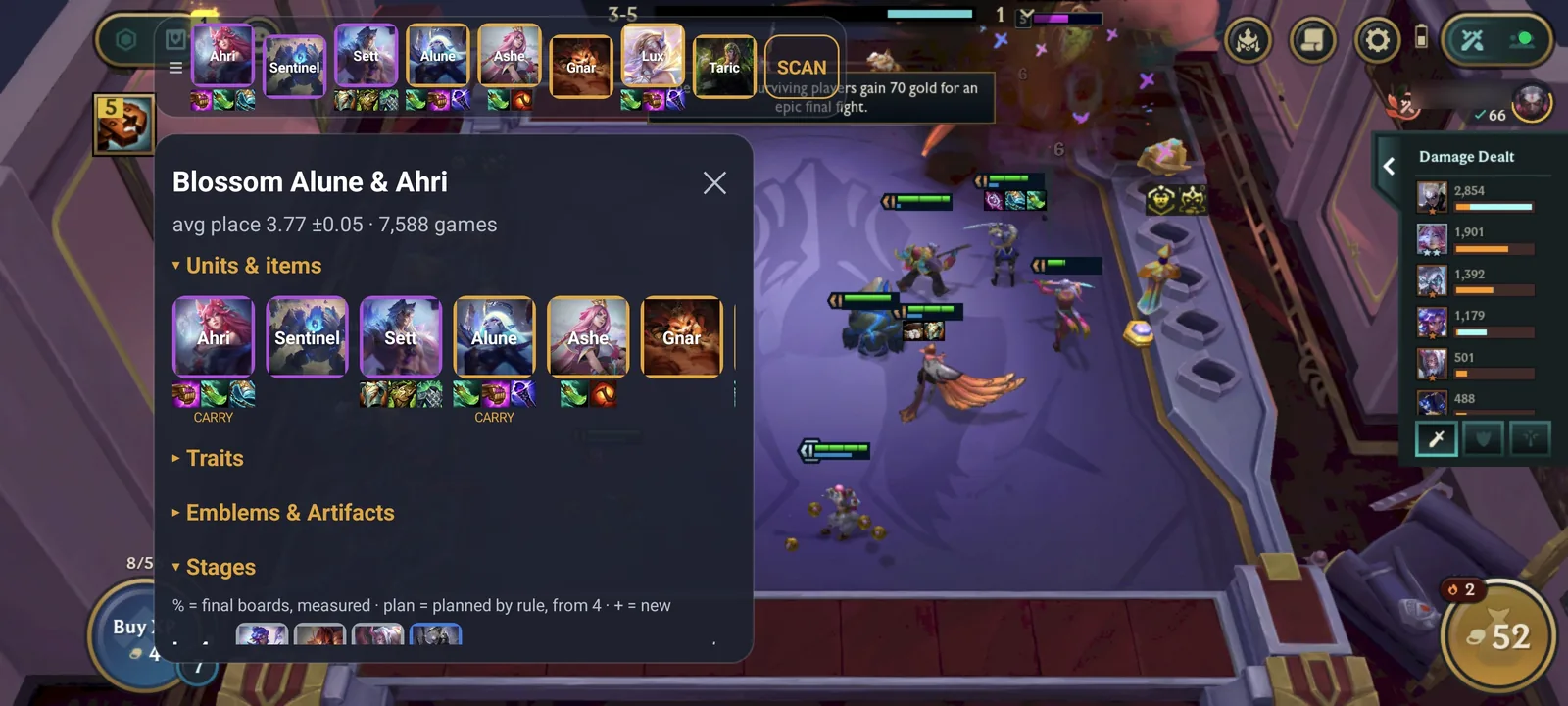 The overlay's panel open during a fight: the comp's units and items, then its traits, emblems and stages
