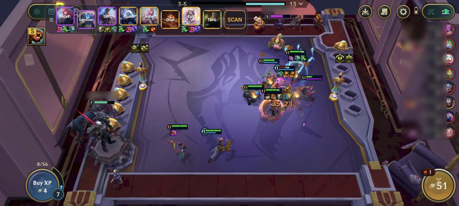 TFT on a phone mid-fight at stage 3-5, the overlay's strip across the top: the picked comp's eight champions with their items, and the Scan button